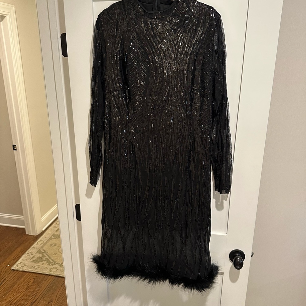 Elegant Black Sequin Dress with Feather Hem